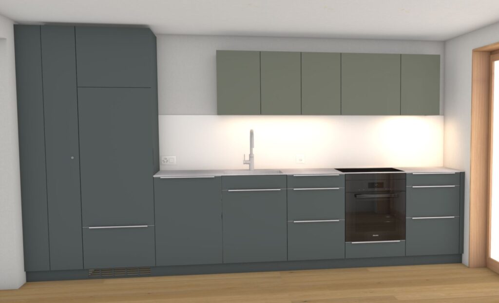 Rendering der Küche in der Ferienwohnung im Walliser Spycher auf der Riederalp