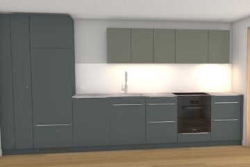 Rendering der Küche in der Ferienwohnung im Walliser Spycher auf der Riederalp